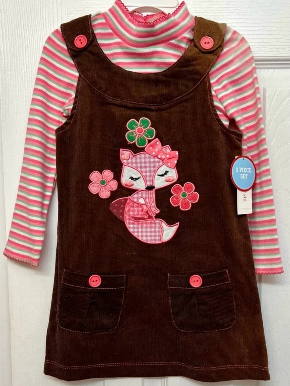 Girl's Fall Brown Corduroy Fox Jumper Dress with Pink Striped Tee